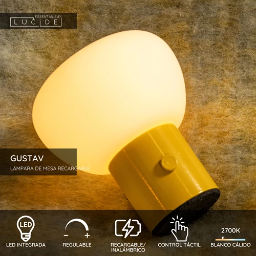 Lucide GUSTAV - Lámpara de mesa Recargable - Batería/acumulador - Ø 8 cm - LED Regul. - 1x0,8W 2700K - Amarillo | Essential - USP